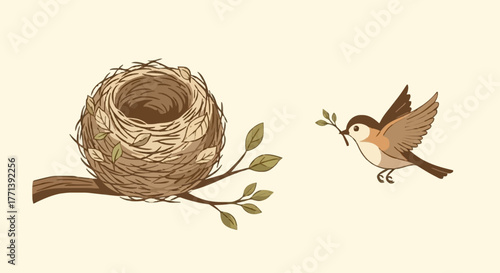 A small bird is collecting a twig with leaves to build a cozy nest on a branch, symbolizing home and new beginnings