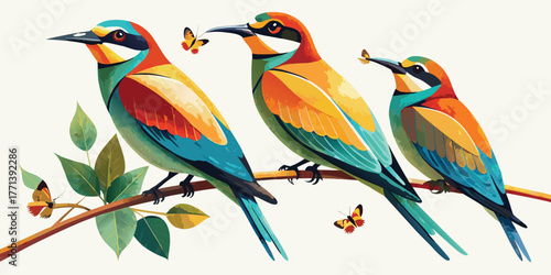Colorful Bee-Eaters Holding Insects – Vibrant Tropical Bird Vector Art