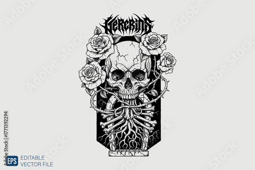 Gothic skull design with roses and roots in a coffin shape.