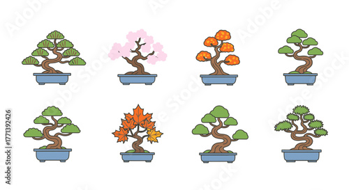 Bonsai Tree Vector Icons Collection with Different Leaf Types and Colors
