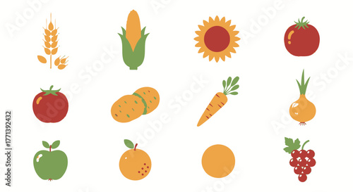 Vector Set of Autumn Harvest Fruits Vegetables Icons Design