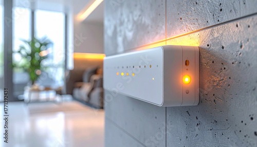 Smart Home Device Mounted on Concrete Wall.