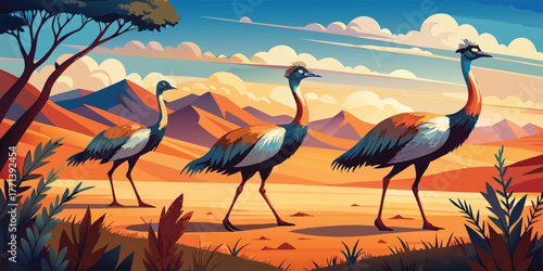 Three Emus Walking on Grassland – Brown Feathered Bird Vector Art
