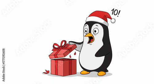 Festive penguin with Christmas gift opens a red box with ribbon, wearing a Santa hat with '10!' sign