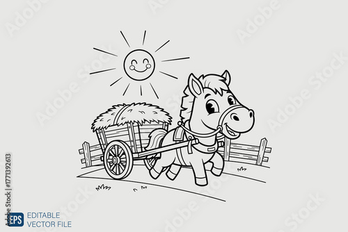 Cute Cartoon Horse Pulling a Hay Cart on a Sunny Day.