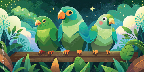 Cute Green Kakapos Sitting on Wooden Log – Rare Parrot Vector Illustration