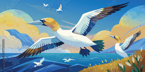 Gannets Diving and Perching – Dynamic Seabird Vector Illustration