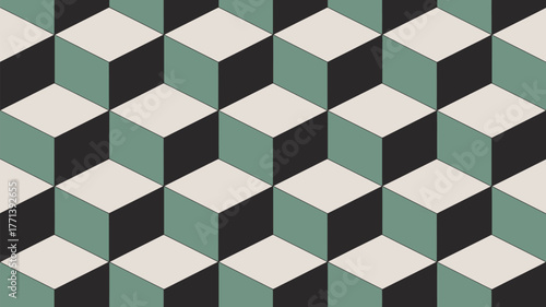 Repeating pattern of three dimensional cubes in shades of green black and white creating an optical illusion