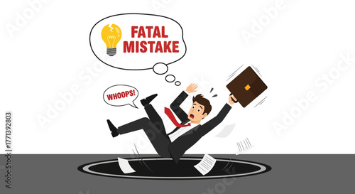 Businessman experiencing a sudden professional downfall due to a grave error, plummeting into an unexpected financial problem