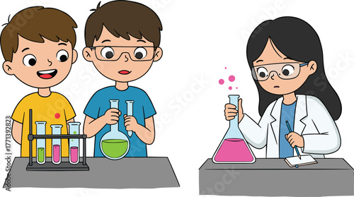 Children doing science experiments, STEM education, kids in laboratory, teamwork learning, colorful liquids, chemistry project, curiosity, discovery, hands-on study, collaboration