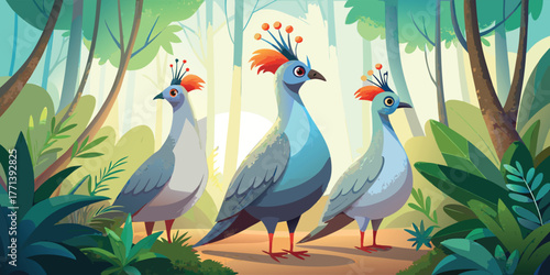 Elegant Kagu Birds with Grey Feathers and Crest – Rare Wildlife Vector Illustration