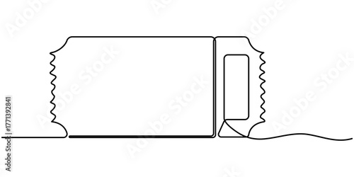 Continuous one line drawing ticket. Vintage ticket isolated on white background, outline vector illustration. 