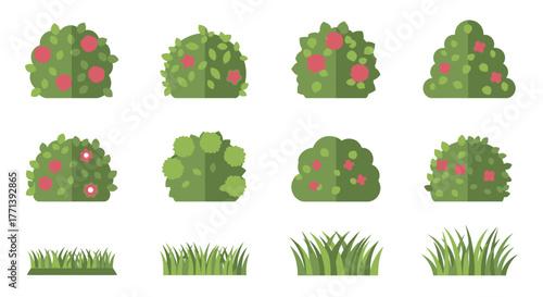 Decorative Shrubs and Grass Flat Design Illustrations Isolated