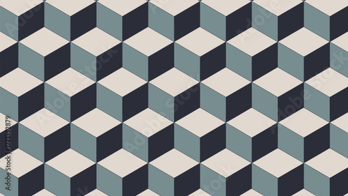 An optical illusion pattern with repeating cubes in shades of gray and beige creating a geometric design