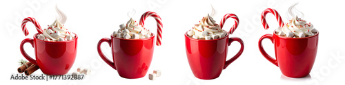Warm festive hot chocolate with whipped cream, marshmallows, and candy canes served in red mugs.