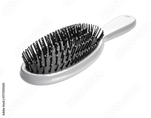 Oval hairbrush with white handle and dark bristles