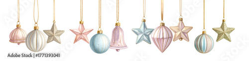 Elegant pastel Christmas ornaments hanging on golden strings creating a festive, cozy, and decorative holiday ambiance.