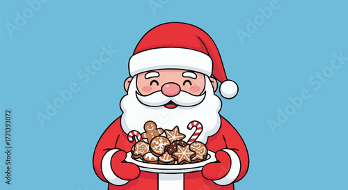 Santa Claus holding a plate full of delicious Christmas cookies and candy canes, ready to be shared with good children worldwide during the holiday season