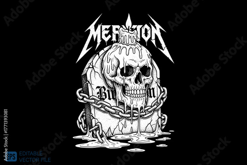 Foto Skull with Candle and Chain, Melted Wax, Dark Art, Heavy Metal S