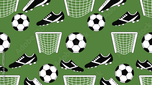 A repeating pattern of soccer balls, soccer shoes, and soccer nets on a green background design image