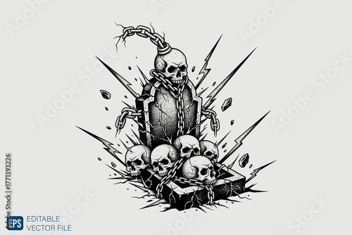 Skull and Chains Gravestone Illustration.