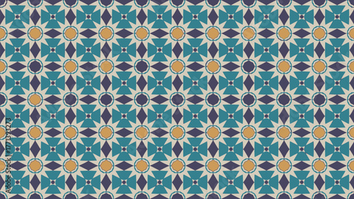 A geometric pattern featuring circles diamonds and cross shapes in blue gold and dark blue colors repeated 100