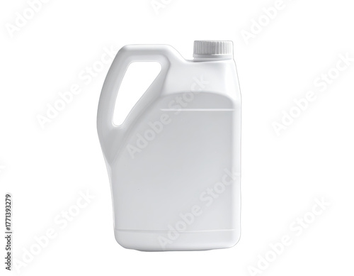 White plastic jug with handle, sealed cap on dark background