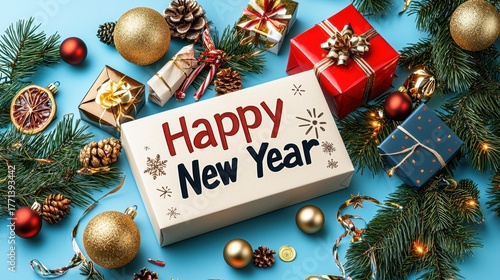 Festive New Year Gift Box Surrounded by Holiday Decorations