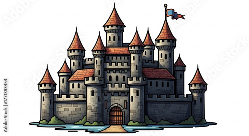 Illustration of a majestic castle with towering spires and intricate details, evoking a sense of fantasy and medieval grandeur
