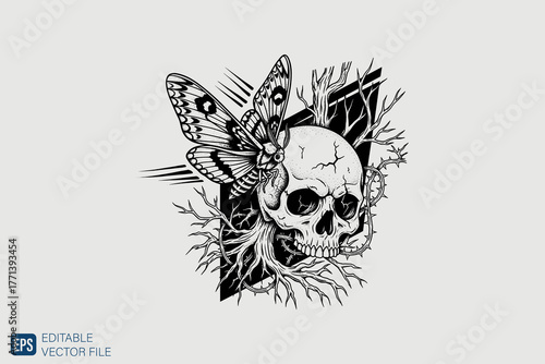 Skull and Butterfly with Tree Branches Black and White Illustrat