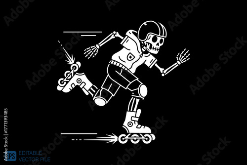 Skeleton rollerblading with helmet and protective gear on a blac