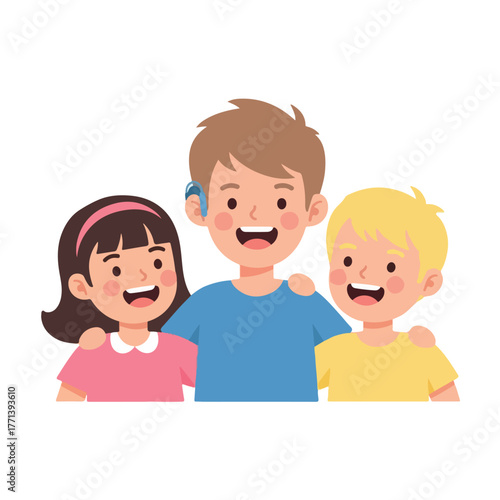 Three diverse and happy children embracing a friend with a hearing aid.
