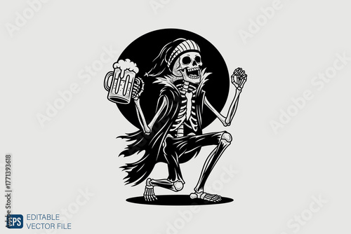 Skeleton in a beanie and cloak holding a beer mug and a donut.