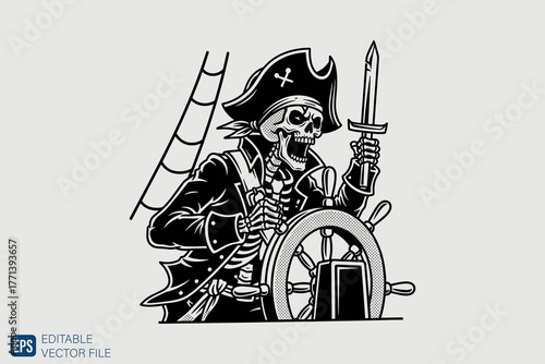 Pirate Skeleton Captain Steering Ship Wheel with Sword.