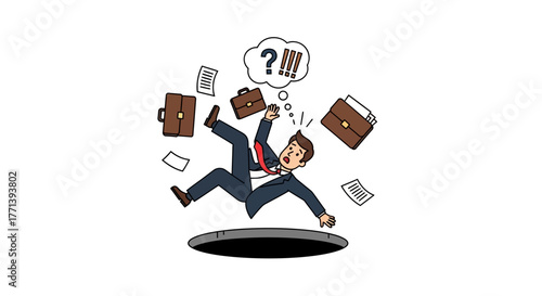 Corporate professional experiencing a sudden freefall, symbolizing unexpected business challenges, career setbacks, and financial crisis