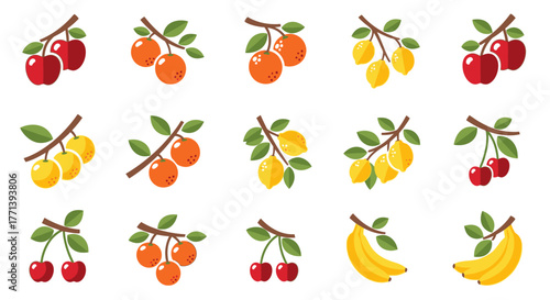 Fresh Fruity Icon Set: Apples Oranges Lemons Cherries Bananas with Leaves on Branches