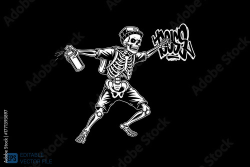Skeleton in a cap holding a spray can and a graffiti tag.