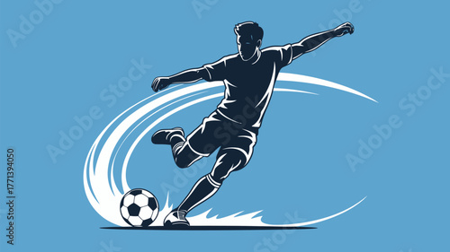 A stylized illustration of a soccer player kicking a ball with white streaks on a blue background