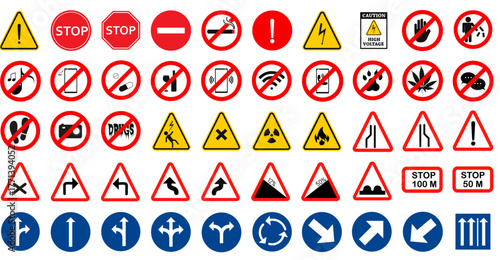 Caution alarm set, danger sign collection, attention vector icon,  fatal error message element, exclamation mark of warning attention icon. Traffic sign collection