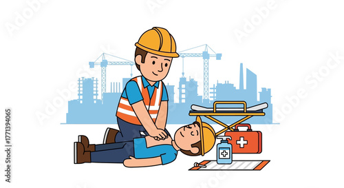 Construction worker performs CPR on injured colleague at a building site with medical kit and stretcher