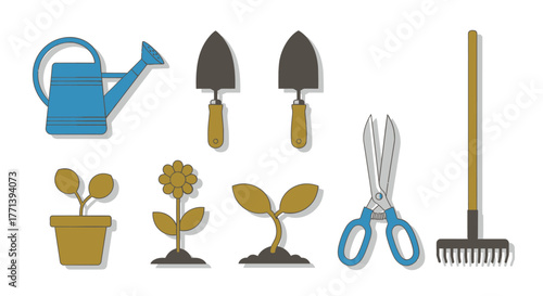 Gardening tools vector illustration, watering can and seedlings