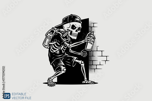 Skeleton Graffiti Artist with Spray Can and Backpack.