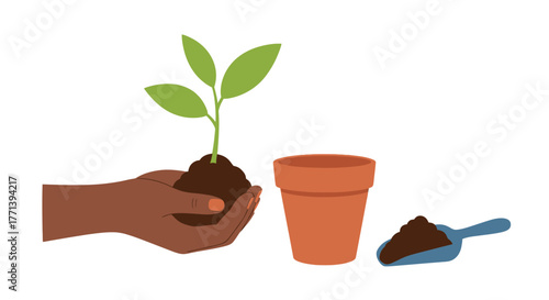 Planting Sprout Hand Potted Plant Cultivation Illustration