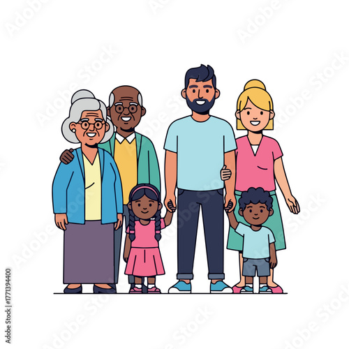 Happy multi-generational and multi-racial family portrait illustration.