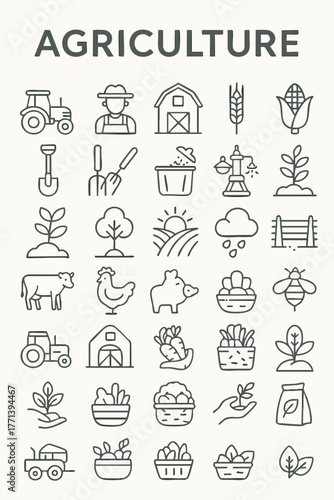 Outline Icon Set Representing Agriculture, Farming, Livestock, and Crop Production Including Tractor, Farmer, Barn, and Harvest Symbols.
