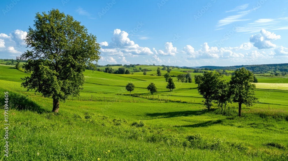 Obraz premium Lush Green Landscape Under Bright Blue Sky with Fluffy Clouds