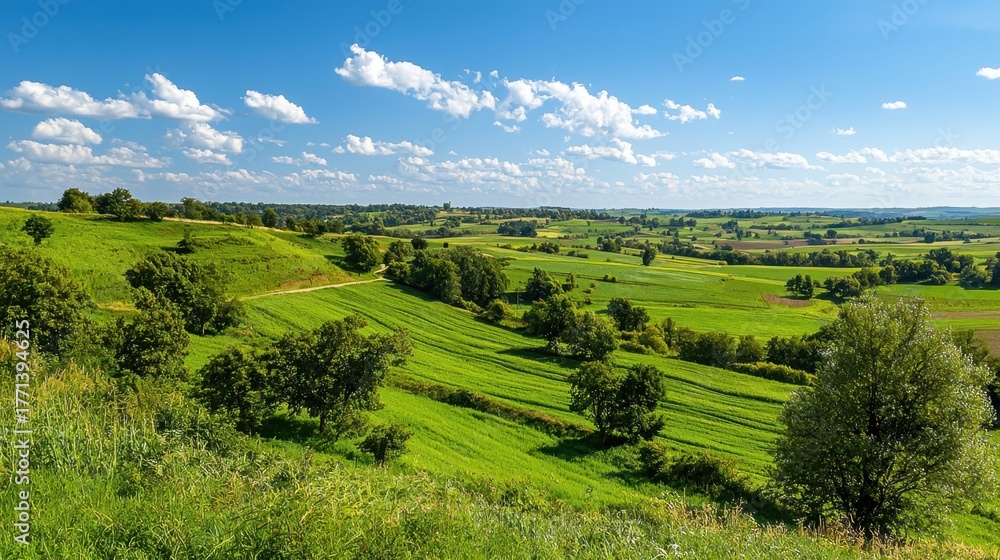 Obraz premium Lush Green Rolling Hills Under Bright Blue Sky with White Clouds
