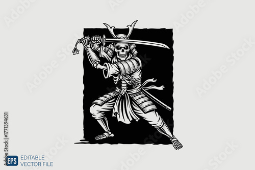 Samurai Skeleton Warrior with Katana Sword in Dynamic Pose.