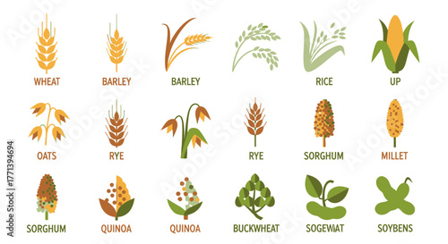 Various Cereals and Grains Icon Set for Food, Farming, and Agriculture
