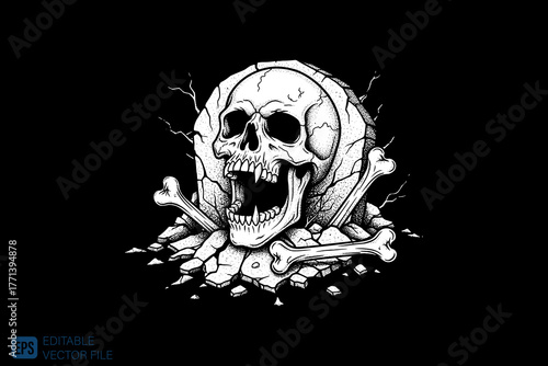 Screaming Skull and Bones Emerging from Cracked Ground.